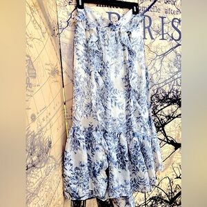 NWT Toile midi skirt elastic waist tie ribbon blue china floral print nordtrom
